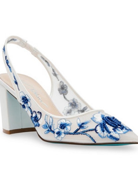 Betsey Johnson Shoes - Betsey Johnson Page Beaded Block Heel Pumps White Blue Floral Embroidery